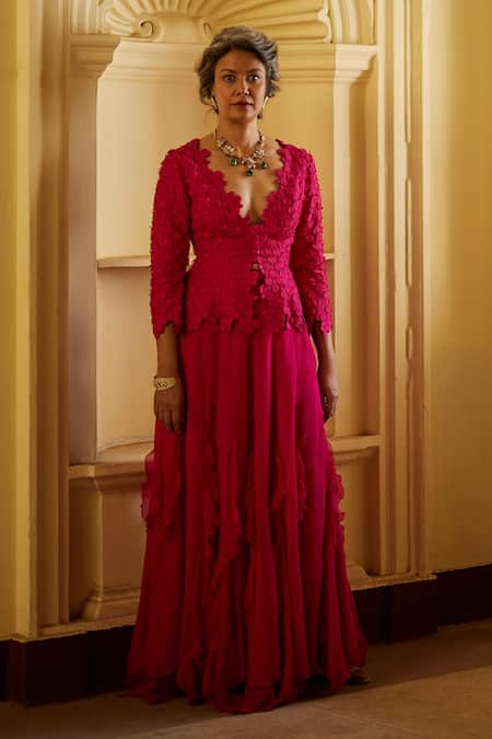 Mrunalini Rao Pink Silk Embroidery Plunge Neck Cherry Blossom Jacket And Ruffle Skirt Set 