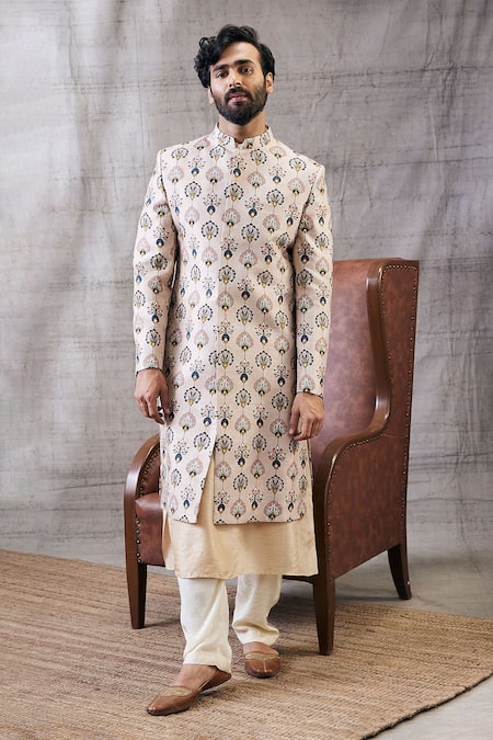 Soup By Sougat Paul Beige Silk, Muslin Embroidery Sarouk Feather Motif Print Sherwani Set