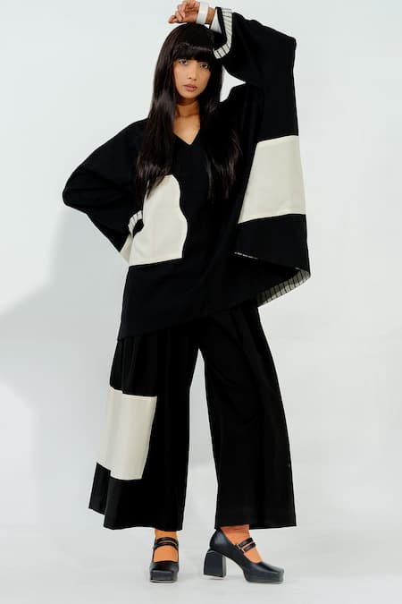 Buy_Stoique_Black Cotton Embroidery V-neck Manuka Placement Top _Online_at_Aza_Fashions