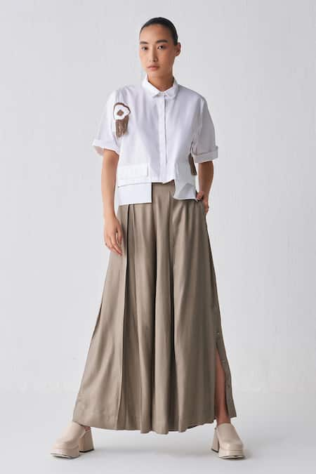 THREE Cropped Fringed Top & Box Pleated Pant Set 