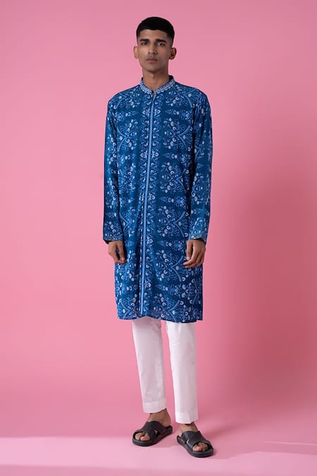 Siddhartha Bansal Blue Cotton Dobby Stripe Printed Royal Chintz Mandarin Collar Kurta Set  