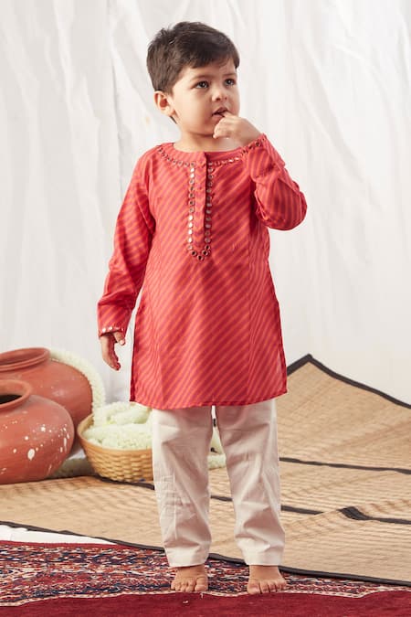 Vivedkids Red Cotton Mirrors Embroidered Kurta Set