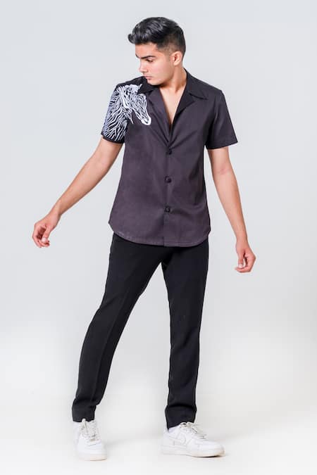 Amrit Dawani Black Cotton Embroidery Zebra Motif Shirt 