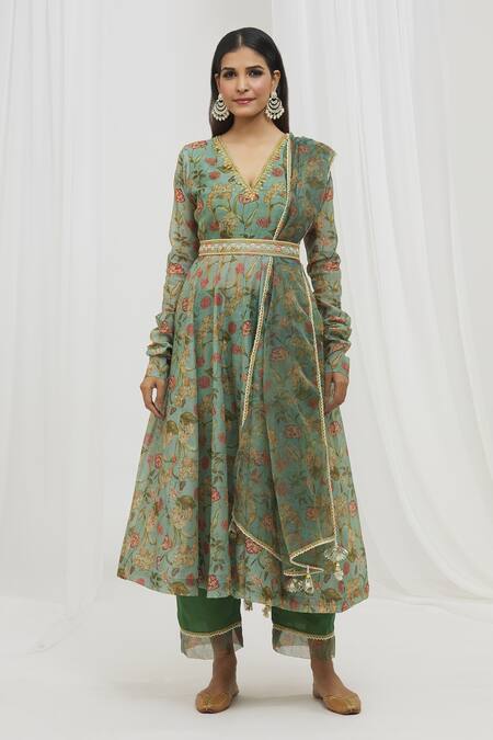 Yuvraani Jaipur_Green Chanderi, Cotton Sequins, Lace, Tassels, Floral Print Anarkali Set _Online_at_Aza_Fashions
