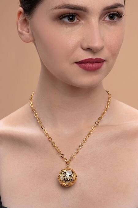 Shop Isharya Gold Plated Pearl Amara Statement Necklace at Aza Fashions Shop_Isharya_Gold Plated Pearl Amara Statement Necklace_at_Aza_Fashions