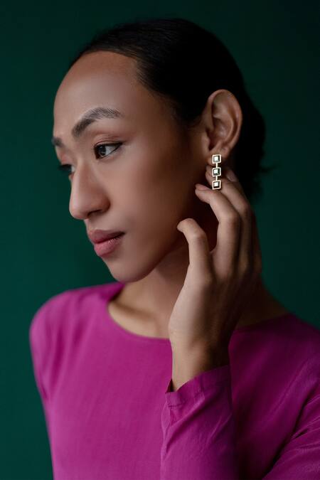 Shop Esme By Aashna Dalmia Gold Plated Stone Stripe Shaped Earrings at Aza Fashions Shop_Esme By Aashna Dalmia_Gold Plated Stone Stripe Shaped Earrings _at_Aza_Fashions