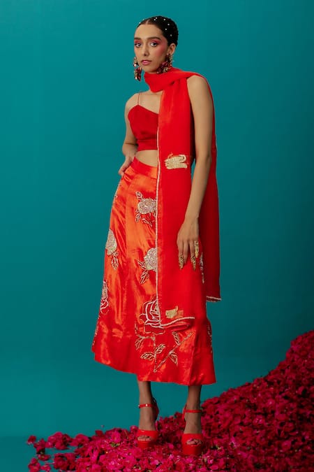 Latha Puttanna Orange Mashru Silk Embroidered Floral Rose Skirt 