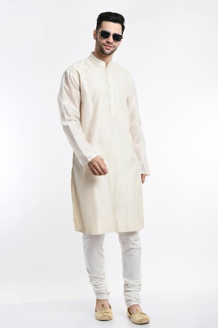 Samant Chauhan Ivory Cotton Silk Embroidery Thread Mandarin Collar Kurta Set