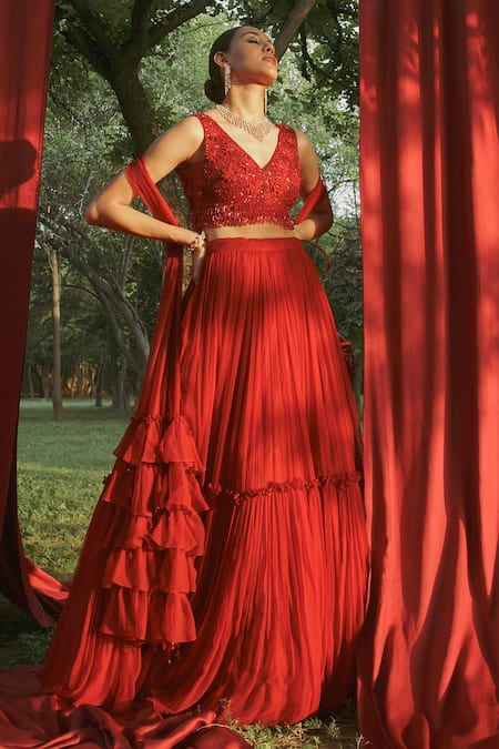 Seeaash Red Chiffon Embroidered Cutdana V Neck Blouse Tiered Lehenga Set