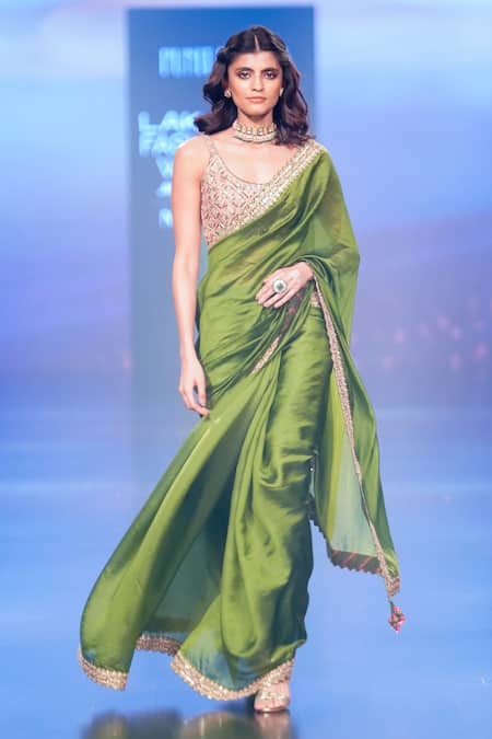 PUNIT BALANA Green Organza Silk Embroidery Marodi Scoop Neck Work Saree With Blouse