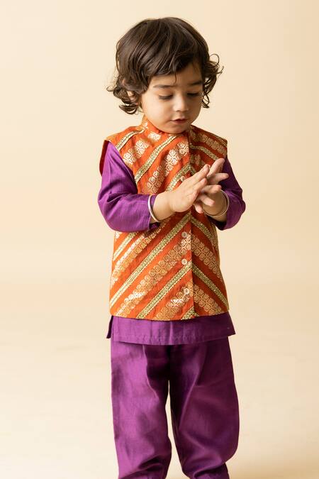 Buy Orange Chanderi Embroidered Zari Nehru Jacket And Kurta Set For Boys by Mini Trails Online at Aza Fashions