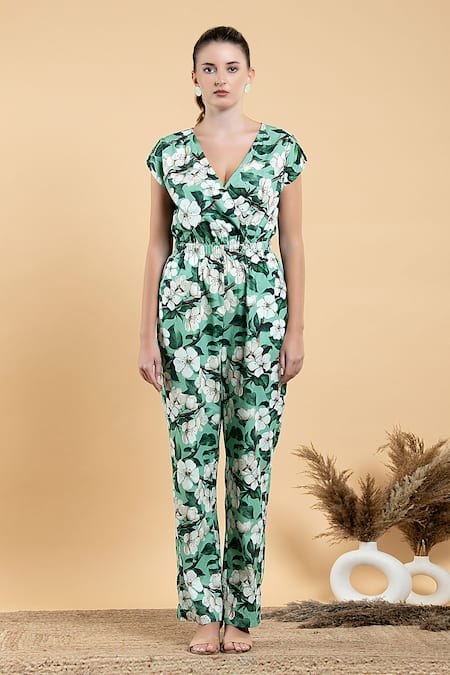 Divi By Sonal Khandelwal Green Cotton, Poplin V-neck Wild Apple Print Jumpsuit 