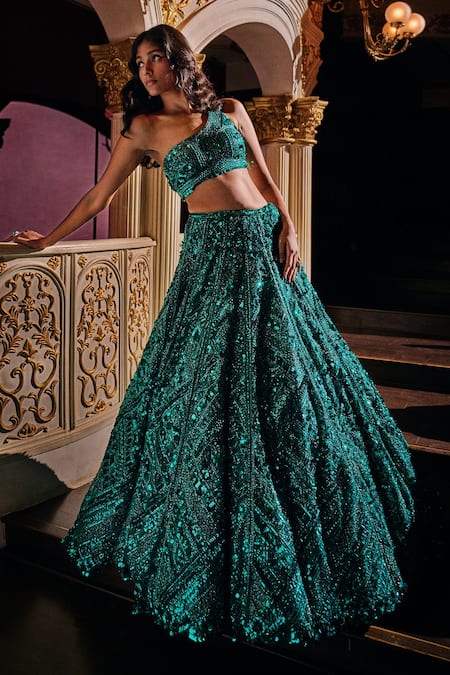 Buy Seema Gujral Green Net Sequins One Shoulder Embroidered Bridal Lehenga Set Online at Aza Fashions Buy_Seema Gujral_Green Net Sequins One Shoulder Embroidered Bridal Lehenga Set _Online_at_Aza_Fashions