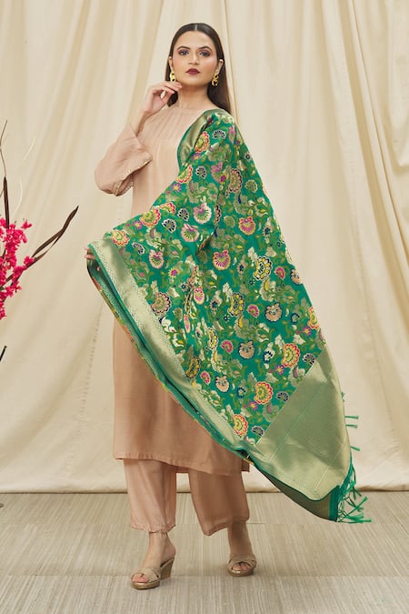 Khwaab by Sanjana Lakhani Floral Woven Green Dupatta 