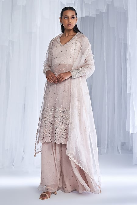 Dolly J Ivory Chiffon, Chanderi, Organza Embroidery, Anahita Kamdani Kurta Sharara Set