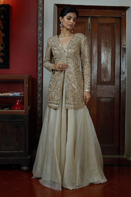 Buy Long Front Open Jacket With Sharara Set by Designer Petticoat Lane by  Divya Online at Ogaan.com