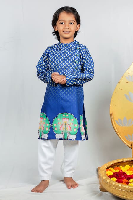 Vivedkids Blue Crepe, Cotton Floral Print Kurta Set