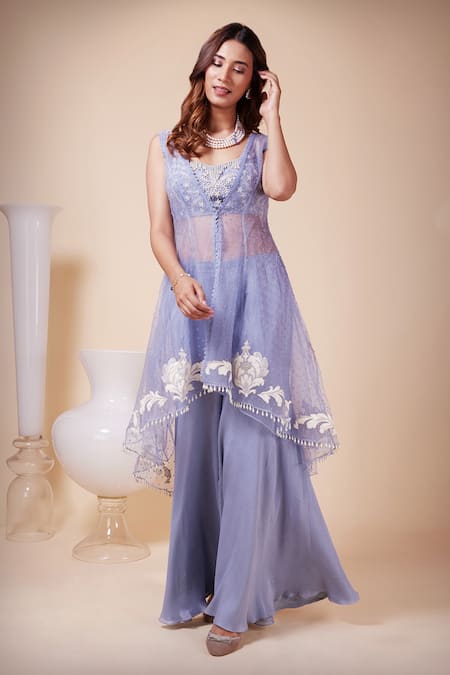 Saaj By Ankita Blue Silk Pearls, Sequins Square Neck Textured Cape Sharara Set 