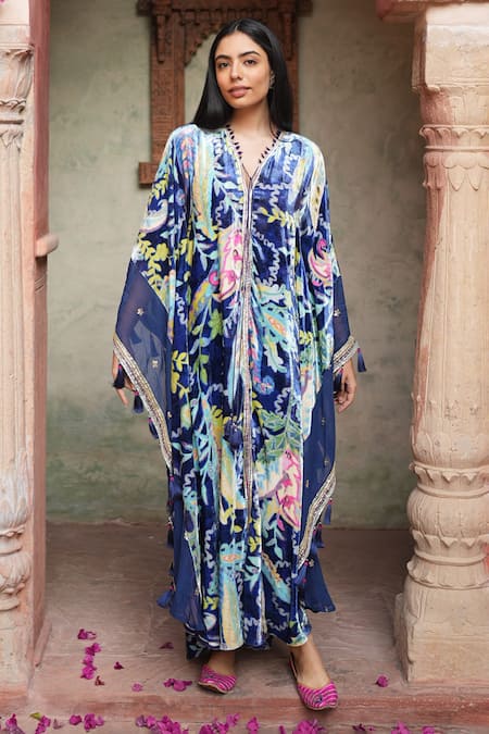 Ruhr India Blue Organza, Silk Velvet Floral Print, Gota And Bead Work V Neck Kaftan