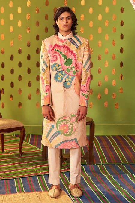 Siddhartha Bansal Ivory Suede Velvet Printed Royal Paisley Sb Signature Sherwani Set  