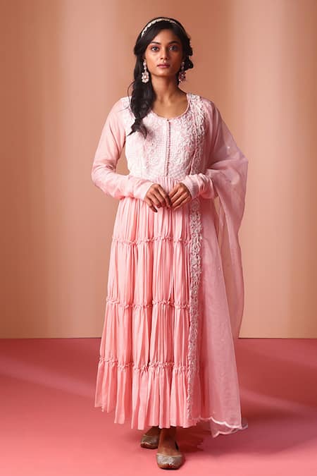 Soha by Harleen and Sona Pink Anarkali Muslin Silk Embroidered Crystal Embellished Yoke With Dupatta 