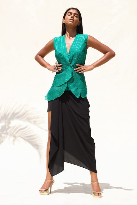 Richa Khemka Green Organza, Modal, Taffeta, Silk Embellished Ginkgo Top And Drape Skirt Set 