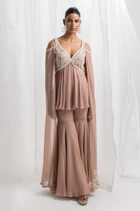 Buy Seema Thukral Pink Georgette, Organza, Draped Sleeve Embroidered Peplum Top With Gharara Online at Aza Fashions Buy_Seema Thukral_Pink Georgette, Organza, Draped Sleeve Embroidered Peplum Top With Gharara _Online_at_Aza_Fashions