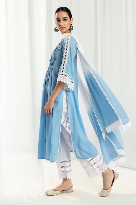 Roze Blue Cotton, Handloom Cotton, Chiffon Embroidery, Iris Pintucked Yoke Kurta Set 