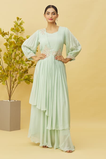 Samyukta Singhania Green Chinon Embroidered Zari Square Neck Asymmetric Layered Gown 