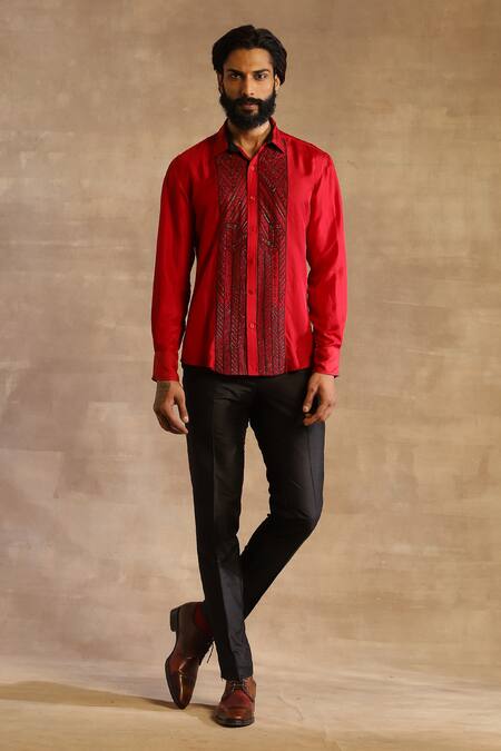 Raghavendra Rathore Jodhpur Red Silk Embroidered Geometric Pattern Shirt