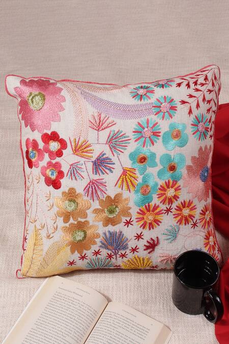 Khaabka Cotton Linen Floral Embroidered Cushion Cover - Set of 2 