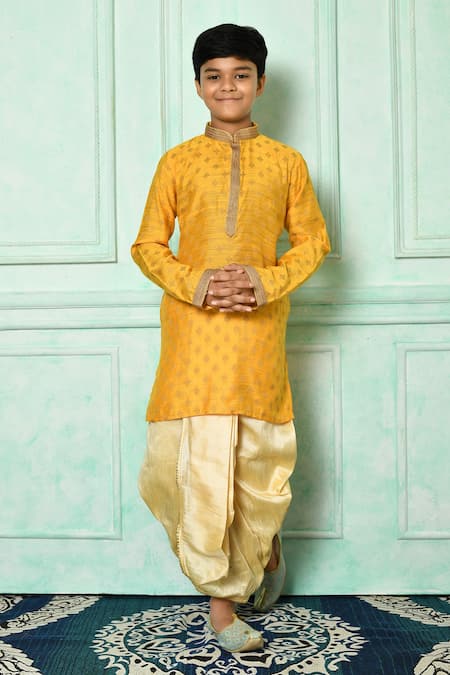 Petite Pomme Yellow Denim, Silk Embroidery Kurta And Dhoti Pant Set