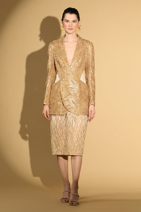 Geisha Designs Beige Nylon Embroidered Sequins Shawl Lapel Jacket And Skirt Set  