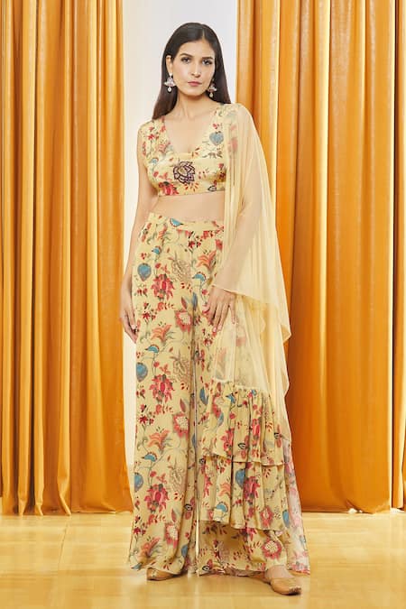 LABEL SHRISTI CHETANI Beige Crepe Printed Botanical V Neck Crop Top Flared Pant Set 