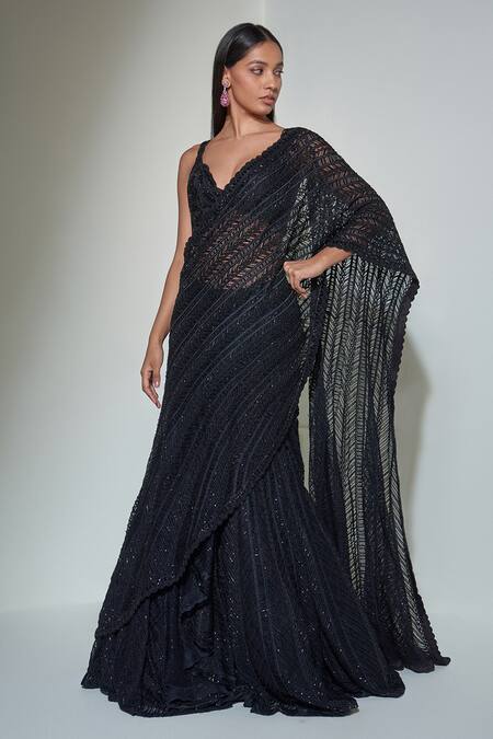 Ritika Mirchandani_Black Net, Crepe And Double Georgette Thread, Lehenga Saree With Strappy Bustier _Online_at_Aza_Fashions