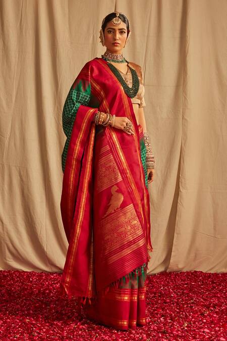 Chilli Red Plain Half Pleated Japan Silk Saree