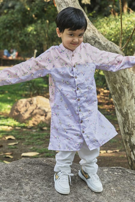 Little Shiro Pink 100% Cotton Sateen Printed Animal Two-tone Kurta With Pant 