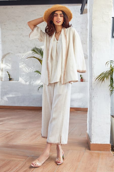 HOUSE OF FETT Ivory Organic Cotton Embellished Stripe Pattern And Cord Lace Havana Pant Set 