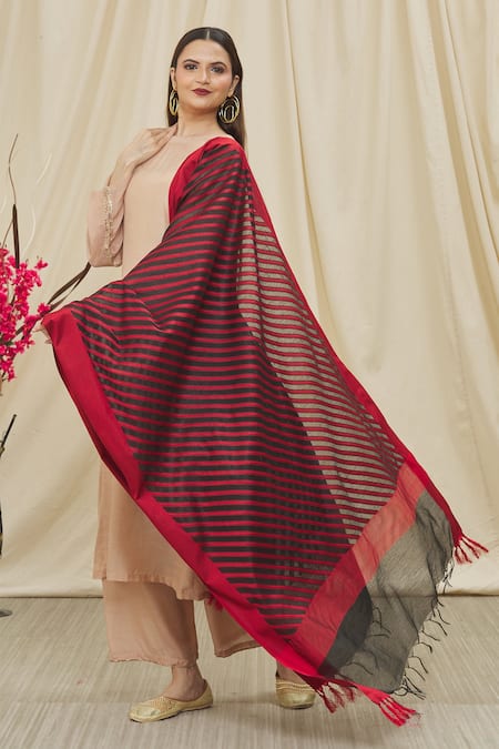Khwaab by Sanjana Lakhani Black Cotton Silk Stripe Woven Dupatta 