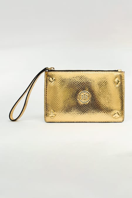 SAURAV GHOSH Gold Textured And Metal Embellishment Leather Clutch