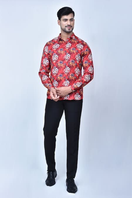 Arihant Rai Sinha Maroon Cotton Printed Patola Button Down Shirt 