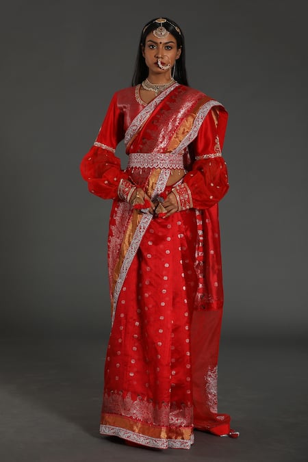 Rar Studio Red Chanderi Handloom (50% Silk X 50% Cotton) Woven Saree With Blouse 