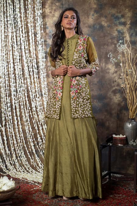 Designer Silk Gown with Attached Drape & Jacket