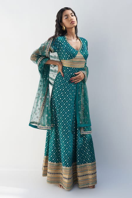 Nadima Saqib Green Zari Jacquard Chanderi Embroidery Mirror V Resham And Anarkali 