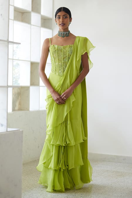 Buy_Mishru_Green Tulle, Crepe, Organza Sequins, Noemi Pre-draped Ruffle Saree And Corset Set _Online_at_Aza_Fashions