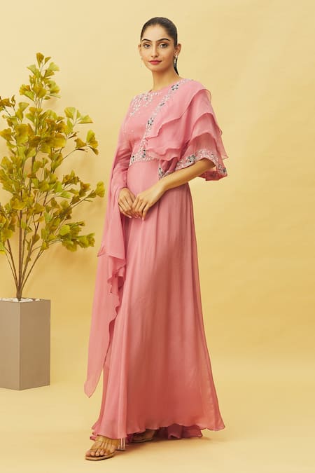 Samyukta Singhania Pink Viscose Organza Embroidered Floral Round Neck Gown 