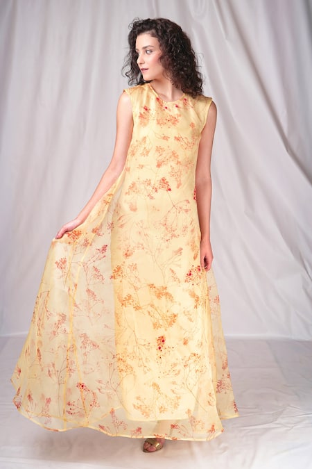 Seesa Cream Organza Silk Printed Floral Round Layered Maxi Dress