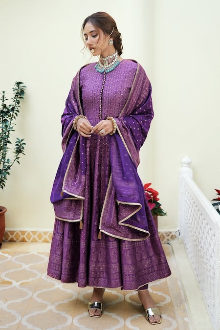 Buy_Safaa_Purple Velvet Embroidery Round Neck The Shezan Paisley Woven Anarkali Set _Online_at_Aza_Fashions