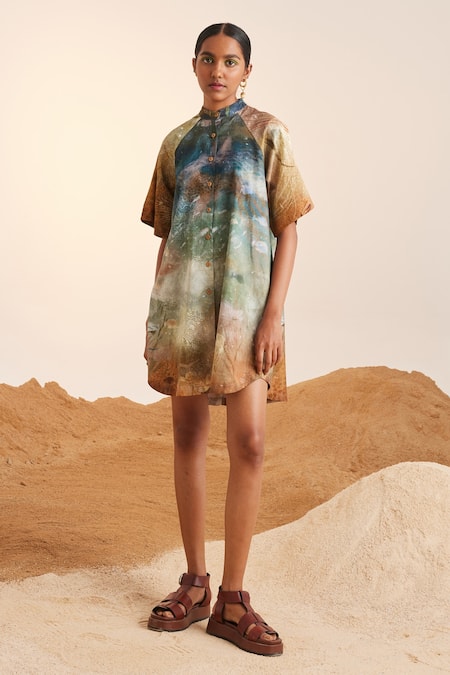 Cord Blue Cotton Satin Printed Underwater Mandarin Collar A-line Dress 