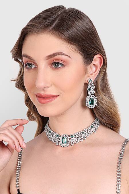 Shop Auraa Trends Blue Zari, Stones Zircon Studded Choker Set at Aza Fashions Shop_Auraa Trends_Blue Zari, Stones Zircon Studded Choker Set _at_Aza_Fashions